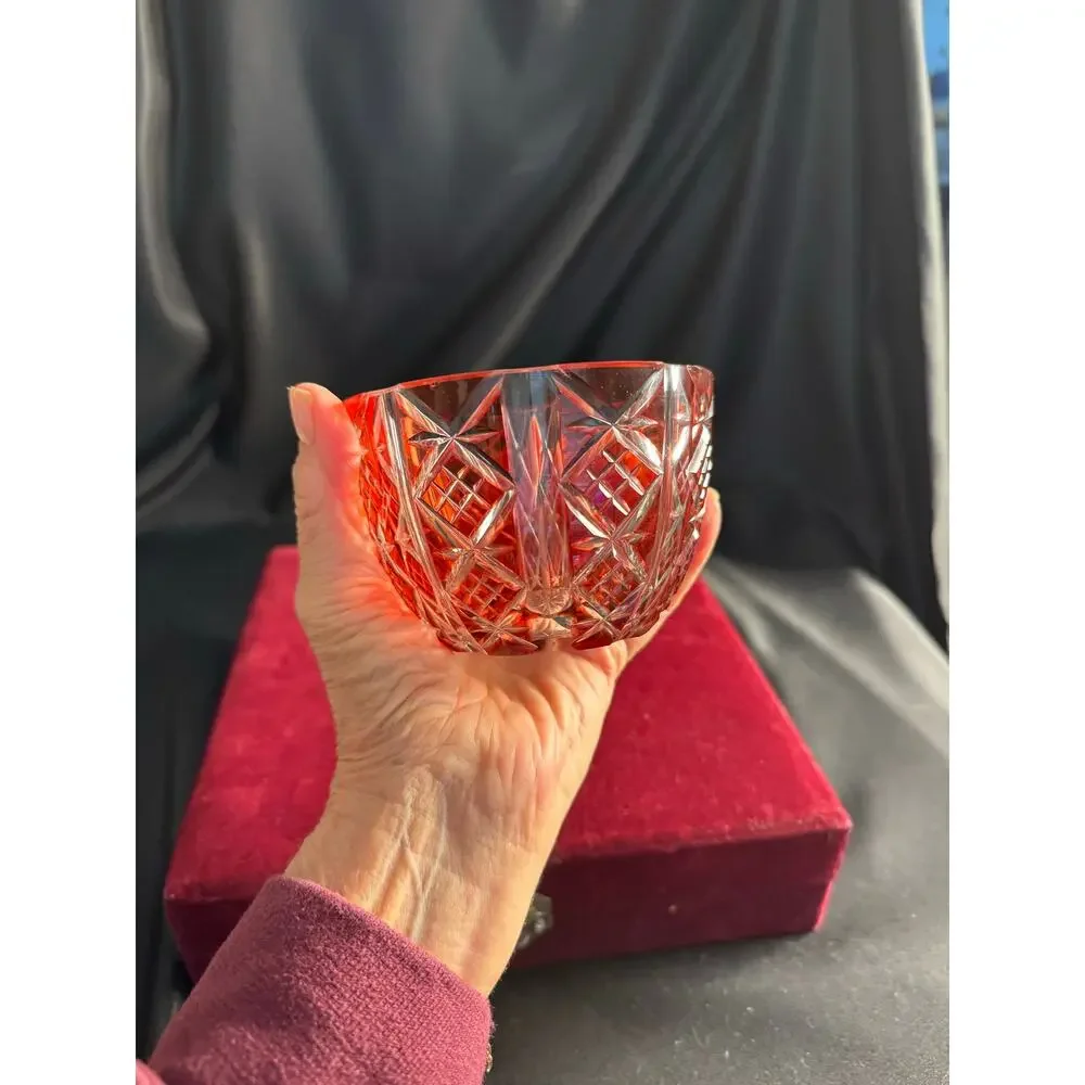 Vintage Clear Cut Cranberry Glass 4” Bowl 2 mm chip